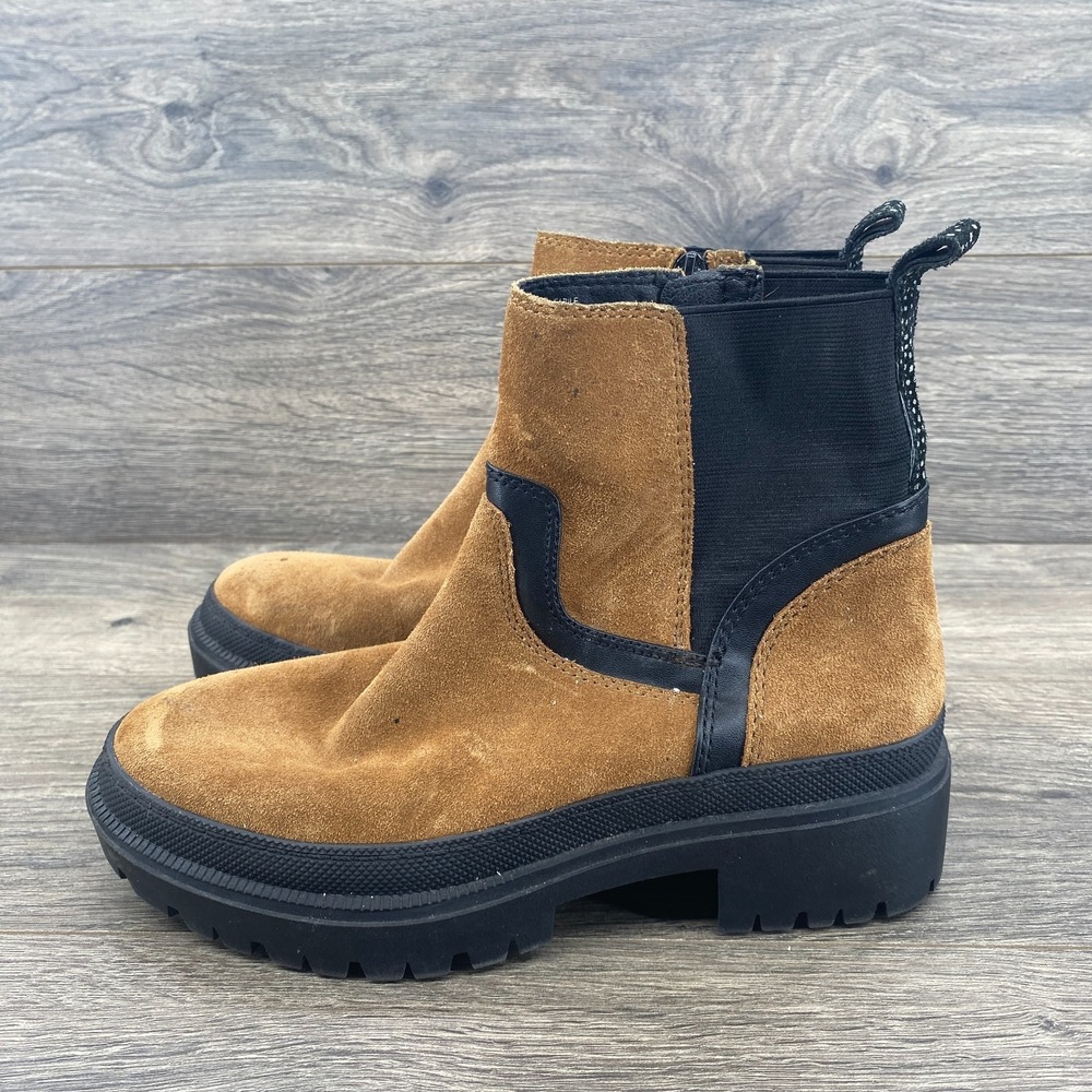 Lucky Brand Eabile Chelsea Moto Boots Women 6 Brown Suede Lug Sole Zip Ankle